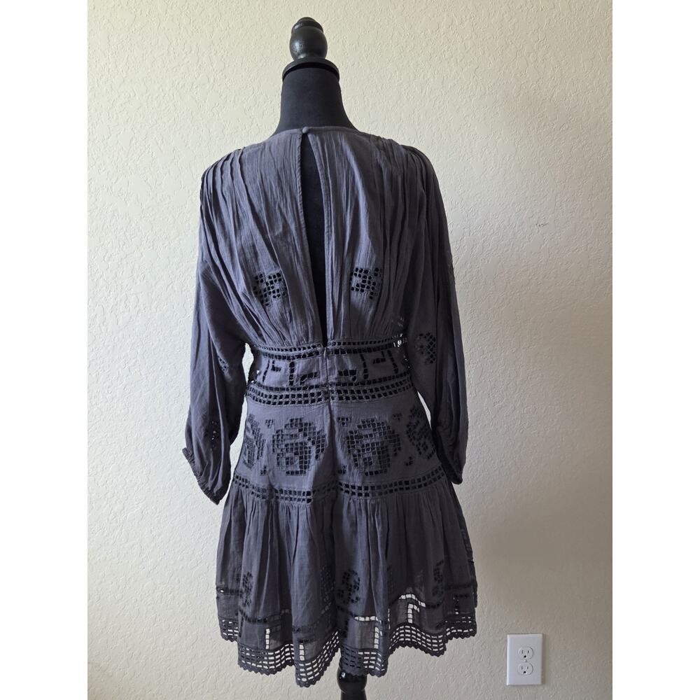 Free People Gray Boho Mini Dress M-L Crochet Lace Cutout Plunge Peasant Tunic - Picture 3 of 5